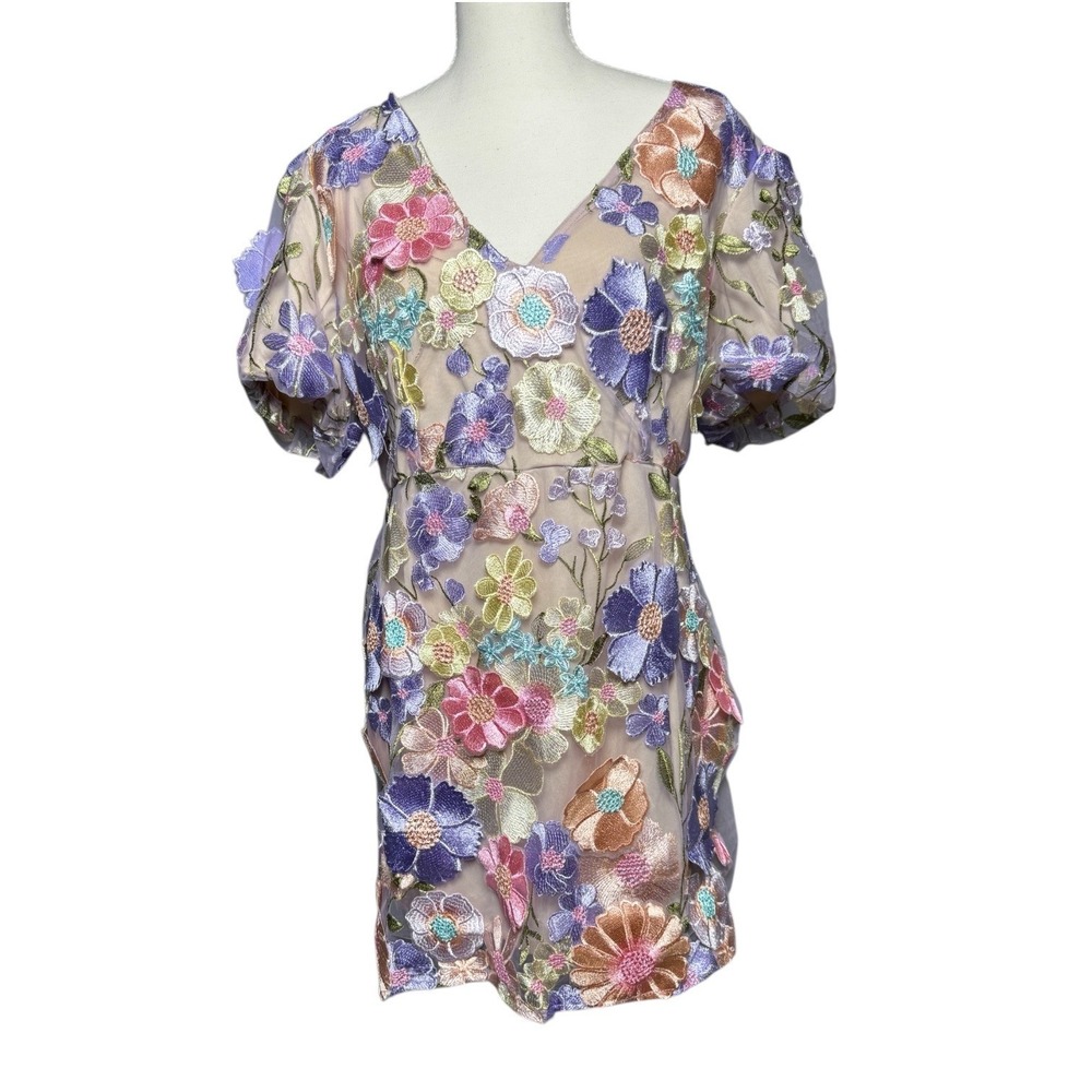 Rosie Posie Size L 3D Floral Mesh Mini Dress Fairycore Coquette Dreamy - Picture 2 of 9